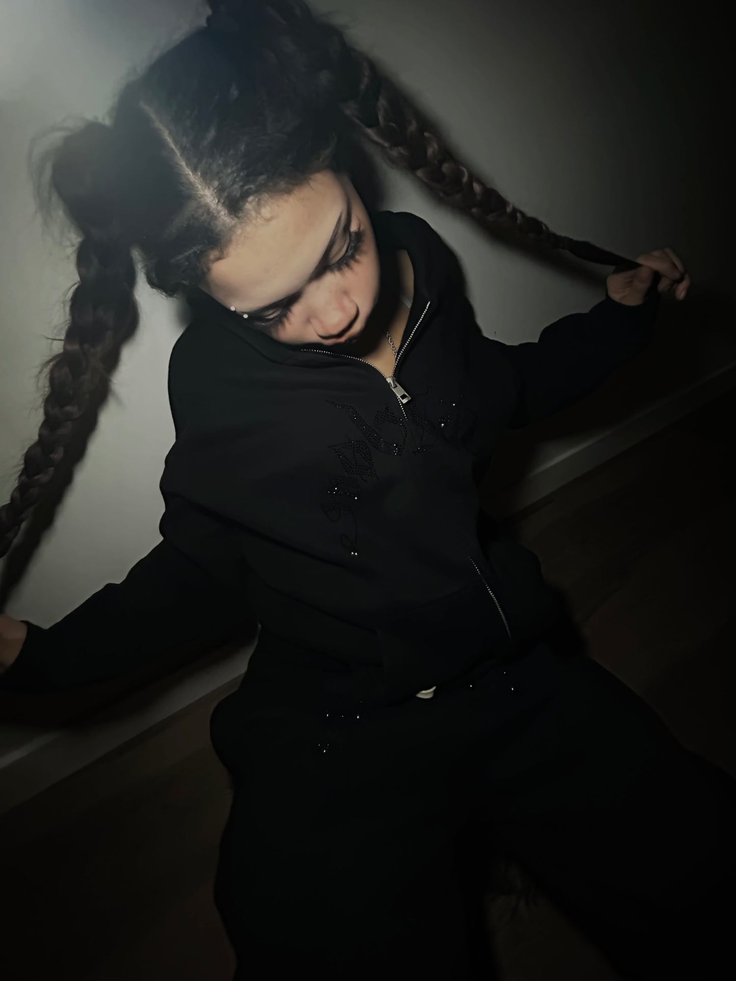 Black on Black Rhinestone Zip-Up