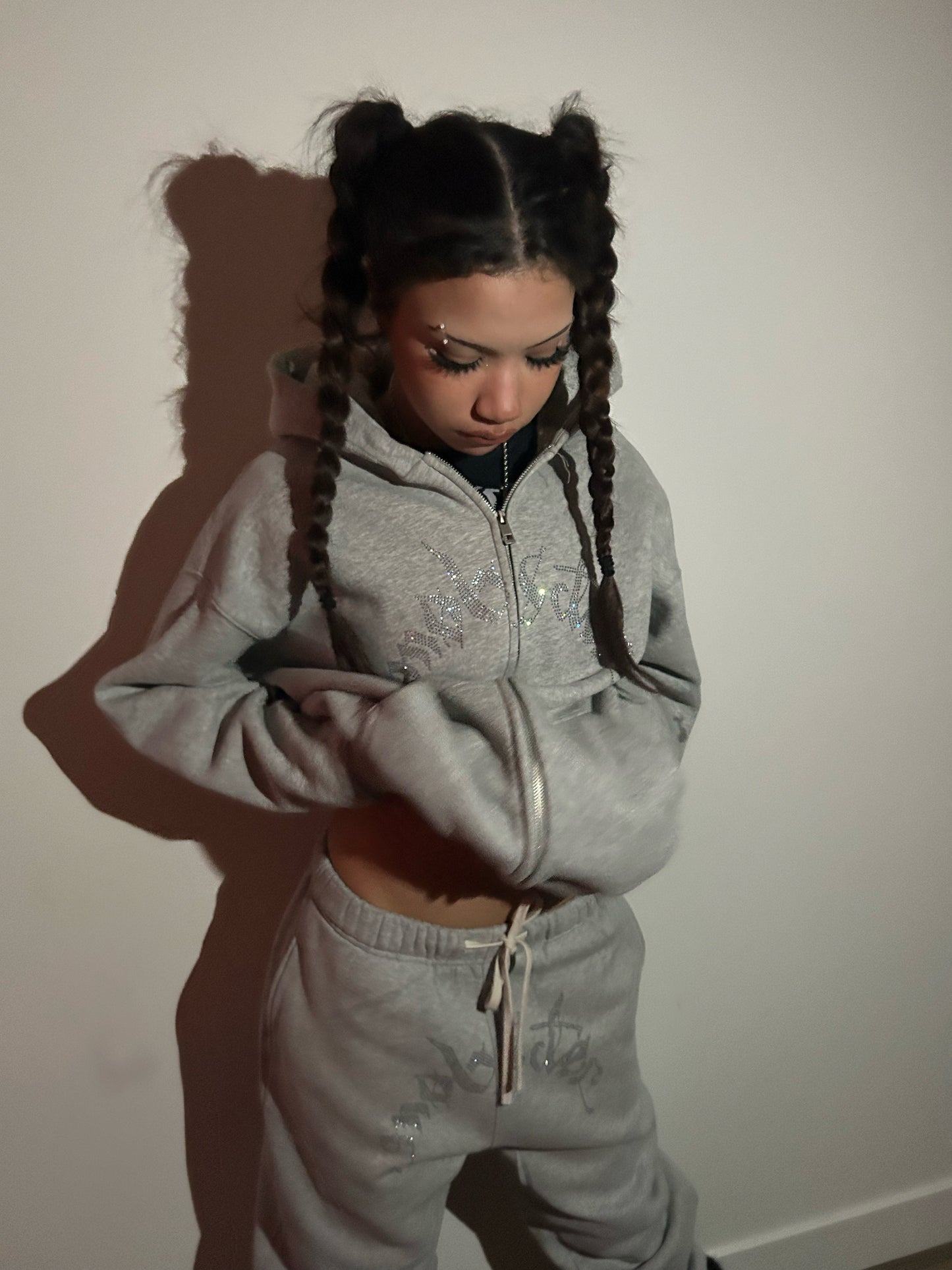 Grey Rhinestone Zip-Up